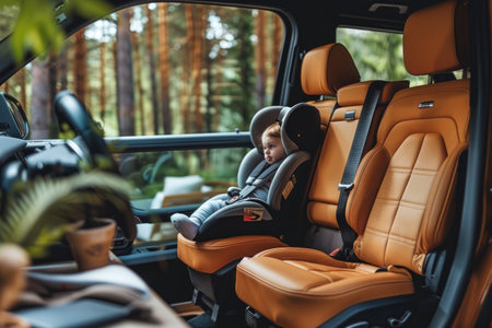 Interior of a family SUV, child seat in rear, everyday items, lived-in feel. Avoid any design that closely resembles specific commercial vehicle brands. Ensure that no recognizable logos or trademarked designs are visible. --no brand --chaos 35 --ar 3:2 --raw --stylize 750 --v 6 Job ID: fee0fb71-fc0d-4bd5-b698-48c2f82cc19bの素材