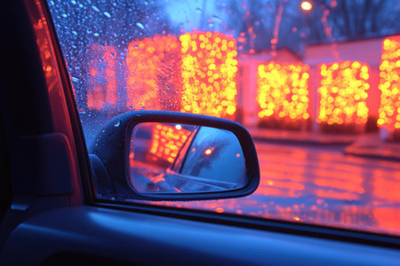 Car rear view mirror in rain. Blurred background with bokeh lights.の素材