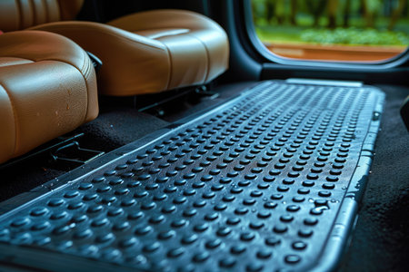 Interior shot of a car's floor mat, rubber, textured surface, clean. Avoid any design that closely resembles specific commercial vehicle brands. Ensure that no recognizable logos or trademarked designs are visible. --no brand --chaos 35 --ar 3:2 --raw --stylize 750 --v 6 Job ID: 85f28b53-0257-411e-a117-651579951be0の素材