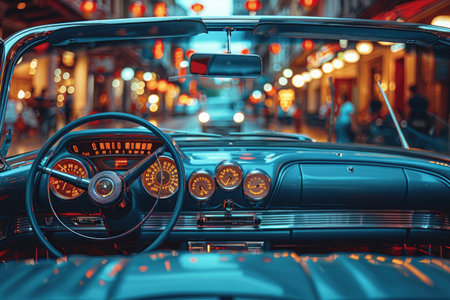 Vintage car on the road in Paris, France. Night viewの素材