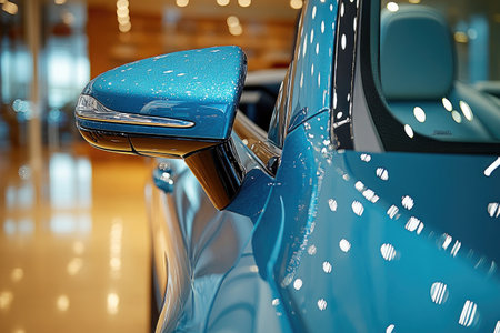 Detail of a modern blue car in the showroom. Shallow depth of fieldの素材