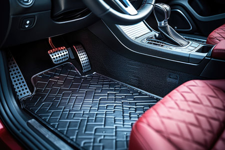 Interior shot of a car's floor mat, textured surface, pedal cutouts. Avoid any design that closely resembles specific commercial vehicle brands. Ensure that no recognizable logos or trademarked designs are visible. --no brand --chaos 35 --ar 3:2 --raw --stylize 750 --v 6 Job ID: c1c91475-120e-48fb-978e-b3841a773f45の素材