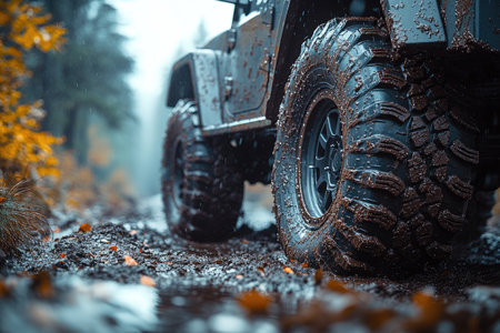 Off-road vehicle driving through a wet puddle on a rainy dayの素材