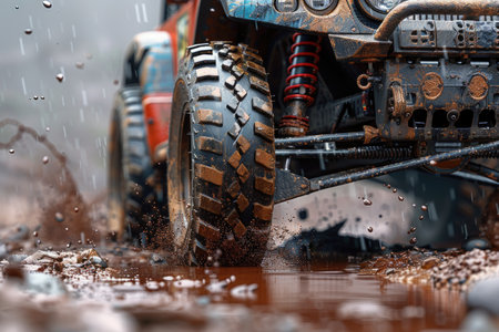 Close-up of a powerful off-road vehicle in mud.の素材