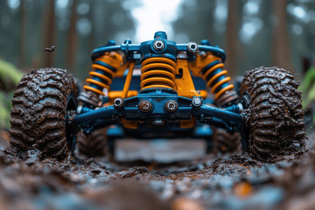 Close-up of a toy quad bike in the mud in the forestの素材