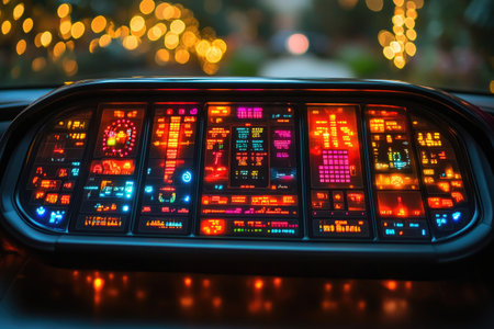 Interior shot of a car's instrument cluster, digital display, colorful. Avoid any design that closely resembles specific commercial vehicle brands. Ensure that no recognizable logos or trademarked designs are visible. --no brand --chaos 35 --ar 3:2 --raw --stylize 750 --v 6.1 Job ID: 043db25f-2526-4893-8b9c-a4a98c77b49bの素材