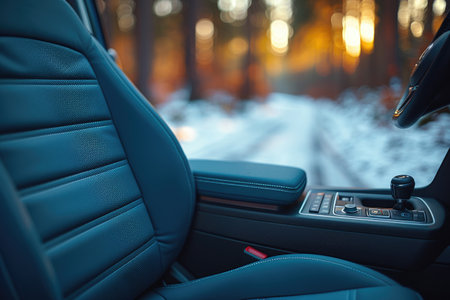 Interior of a modern car in winter forest. Car interior details.の素材