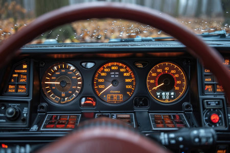 Interior of a modern car with dashboard, speedometer and tachometerの素材