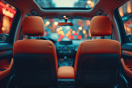 Interior of a modern car with orange leather seats and back seatsの素材