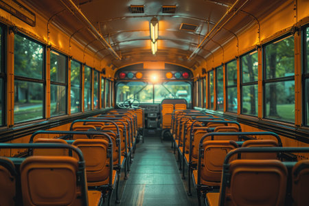 Interior of a school bus, empty seats, sunlit. Avoid any design that closely resembles specific commercial vehicle brands. Ensure that no recognizable logos or trademarked designs are visible. --no brand --chaos 35 --ar 3:2 --raw --stylize 750 --v 6 Job ID: 1301b5fc-d170-4ecf-9a35-8441fdc14fc4の素材