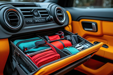 Interior shot of a car's glove compartment, open, revealing contents, organized. Avoid any design that closely resembles specific commercial vehicle brands. Ensure that no recognizable logos or trademarked designs are visible. --no brand --chaos 35 --ar 3:2 --raw --stylize 750 --v 6.1 Job ID: d0150fd4-afca-40fa-8734-03227f61b0d7の素材