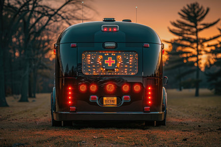 Rear view of a concept ambulance, unique light bar, aerodynamic. Avoid any design that closely resembles specific commercial vehicle brands. Ensure that no recognizable logos or trademarked designs are visible. --no brand --chaos 35 --ar 3:2 --raw --stylize 750 --v 6 Job ID: 5b359ef2-850a-471e-996b-4711acfc71a8の素材