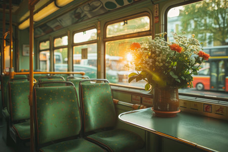 Interior shot of a bus, empty seats, diffused light. Avoid any design that closely resembles specific commercial vehicle brands. Ensure that no recognizable logos or trademarked designs are visible. --no brand --chaos 35 --ar 3:2 --raw --stylize 750 --v 6 Job ID: 5e8d2fef-4d8e-44ee-8d70-3dd5c7b2deaeの素材