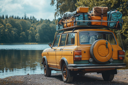 Car with luggage on the back of a camper van on the shore of a lakeの素材