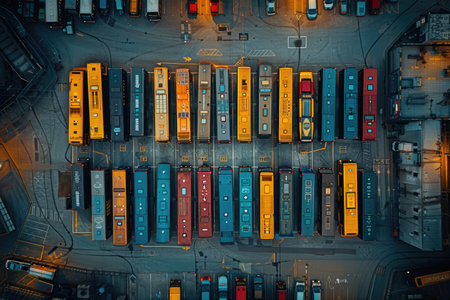 Aerial view of cargo containers at the container terminal. Top view.の素材