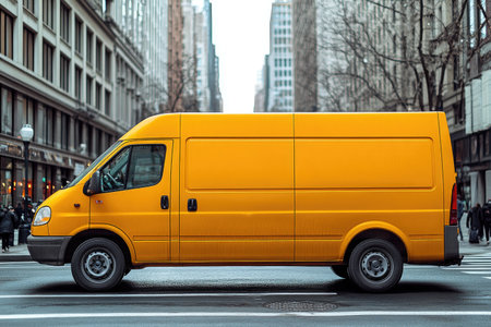 Yellow delivery van on the street in New York City, USA.の素材