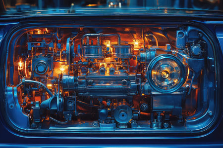 Close up view of the engine of a modern car at night.の素材