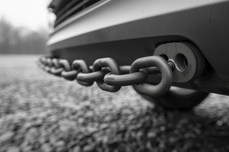 Close-up of a chain on the side of a car.の素材
