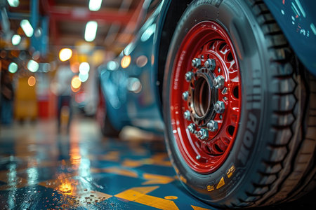 Close up view of the wheel of a car in a garage.の素材