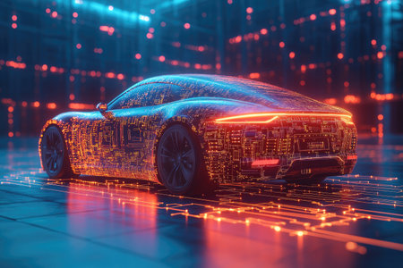 3D rendering of a futuristic concept car on the background of the night cityの素材