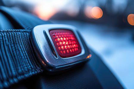 Close up of the rear view of a car seat belt with a red light.の素材