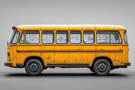 Side view of a classic school bus, yellow paint, children's drawings. Avoid any design that closely resembles specific commercial vehicle brands. Ensure that no recognizable logos or trademarked designs are visible. --no brand --chaos 35 --ar 3:2 --raw --stylize 750 --v 6.1 Job ID: 87010666-d95c-483b-bc1b-01c41cb3e17dの素材
