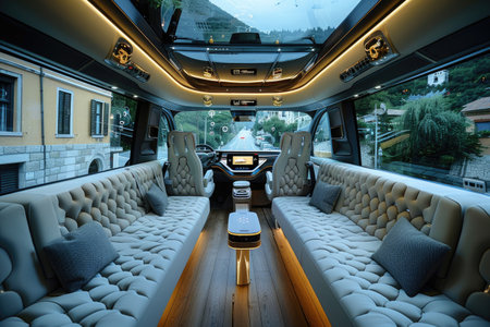 Interior of an autonomous vehicle, no steering wheel, facing seats, lounge-like. Avoid any design that closely resembles specific commercial vehicle brands. Ensure that no recognizable logos or trademarked designs are visible. --no brand --chaos 35 --ar 3:2 --raw --stylize 750 --v 6 Job ID: 4fcf126c-af0b-4791-9cd7-e2a95be4aea1の素材