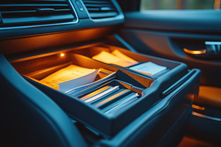 Interior shot of a car's glove compartment, open, organized documents, small light. Avoid any design that closely resembles specific commercial vehicle brands. Ensure that no recognizable logos or trademarked designs are visible. --no brand --chaos 35 --ar 3:2 --raw --stylize 750 --v 6.1 Job ID: 062c0271-92f0-4e44-907f-5ac44aaf606fの素材