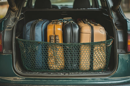 Interior shot of a car trunk, organized luggage, cargo net, spacious. Avoid any design that closely resembles specific commercial vehicle brands. Ensure that no recognizable logos or trademarked designs are visible. --no brand --chaos 35 --ar 3:2 --raw --stylize 750 --v 6.1 Job ID: d98184d4-74d6-497f-bbe4-cff40d9459c5の素材