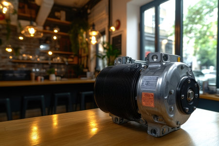 Close up of electric motor on wooden table in cafe, stock photoの素材