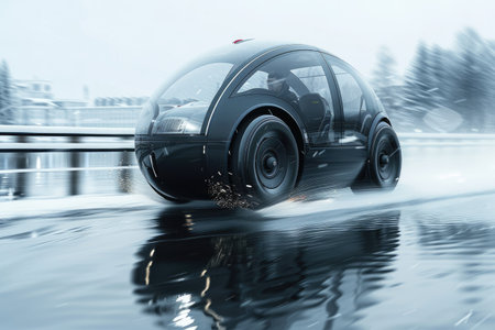 Car driving on a wet road with motion blur effect. 3d renderingの素材