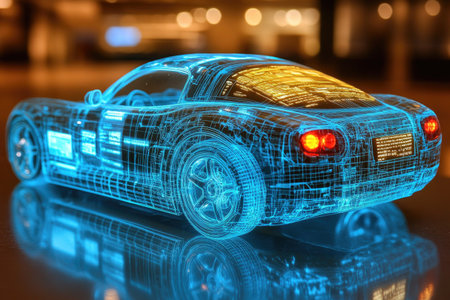 3D rendering of a sports car on reflective surface with reflections.の素材