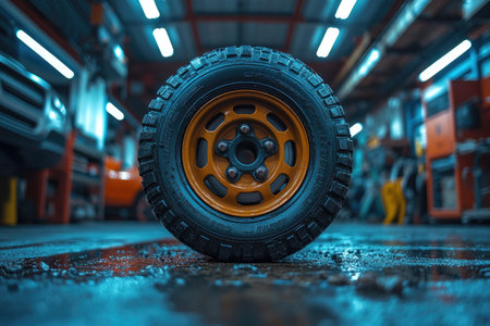 Car wheel in a car repair station. Auto service industry concept.の素材