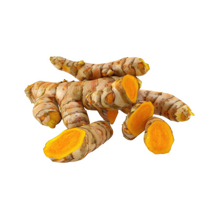 Close-up image of several turmeric roots and their slices, set against a pure black backdrop. The roots and slices are arranged in a dynamic display, with sections of the root sliced to display the vibrant orange-yellow interior, revealing the intricate details of the rhizomes. The isolated background creates a stark contrast, focusing entirely on the turmeric's visual appeal.の素材