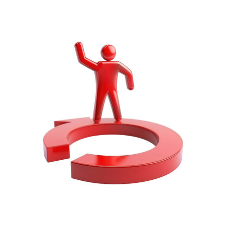 Red stylized figure stands atop a 3D red circular path, against a black background. The figure's pose and the circular path suggest concepts of progress, repetition, or cyclical processes.の素材