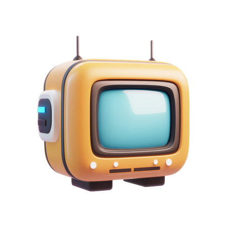 Retro-style television set, rendered in a cartoonish design.  It has a light orange body and a light blue screen.  The design is simple and modern, with some light gray elements and a few small accents.の素材