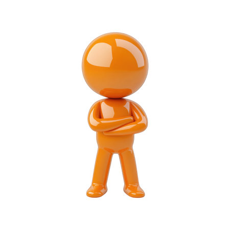 Glossy, orange cartoon figure is depicted in a standing pose, with its arms crossed. The figure is isolated against a black background. The design is simple, yet detailed, with smooth curves and vibrant orange tones. The figure is suitable for use in any design that involves illustration or animation.の素材
