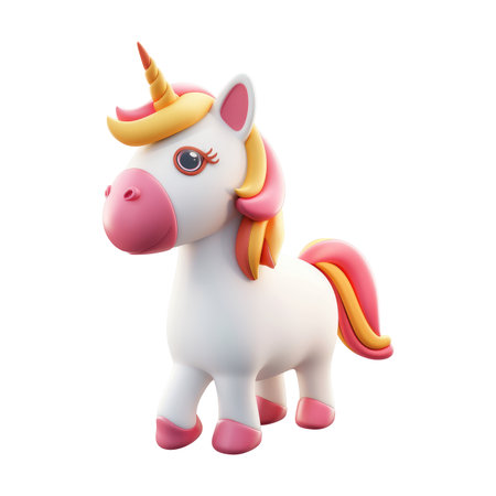 Cartoon rendering of a unicorn, characterized by its bright colors and playful design elements.  The figure is presented in a 3D style and the colors are vibrant and engaging, highlighting a whimsical character design.の素材