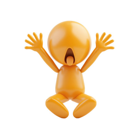 Three-dimensional, expressive cartoon figure in an orange color, with arms raised in a joyful or surprised pose, positioned against a plain black background. The character has large eyes and an open mouth.の素材