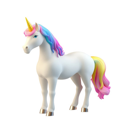 Digitally rendered, cartoonish white unicorn with vibrant rainbow colored mane and tail stands against a plain black background. The unicorn is posed in a static, upright stance, and details include a gold horn, eyes, and hooves. Its design is clearly intended for children's entertainment or fantasy themes.の素材