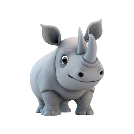Light gray, cartoon rhinoceros, rendered in 3D, with large ears and a friendly expression, standing and facing forward against a black background.の素材