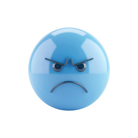 Light-blue, round emoticon displays an angry facial expression.  It features arched eyebrows and a downturned mouth, with dark lines outlining the features. The emoticon is set against a plain black background.の素材