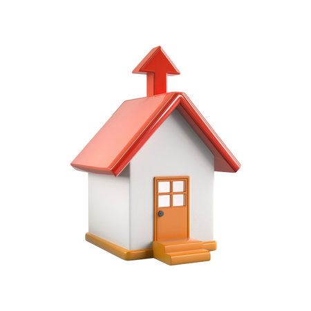 Three-dimensional, cartoon-style representation of a small house. The house features a simple design, with a red roof, orange steps, and a white exterior. An upward-pointing red arrow is positioned on the roof.の素材