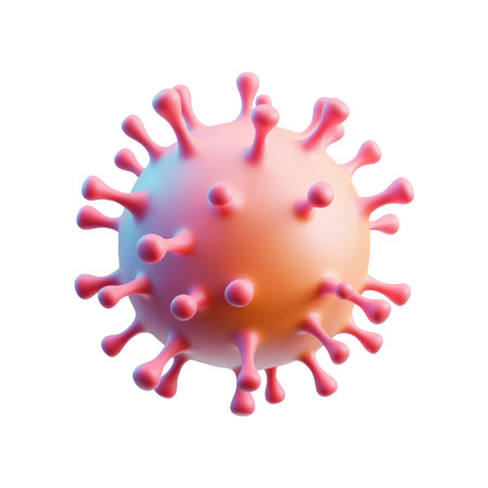 Computer-generated, detailed graphic representation of a virus particle, depicted in muted shades of pink and orange, on a plain black backdrop. The visual emphasizes the rounded structure and the numerous protrusions that protrude from the main body. The rendering style highlights the form of the virus, suitable for scientific or educational use.の素材