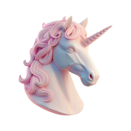 Detailed, close-up view of a sculpted unicorn head. The head is a pale, light pink and white color and has a smooth, detailed texture with elaborately styled hair. The horn is also detailed and adds to the design and aesthetic of the unicorn. The design is set against a plain black background, isolating the subject for a clear view of its artistic design.の素材