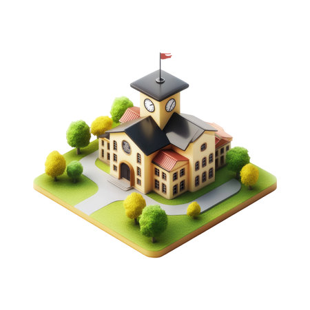Stylized isometric rendering of a school building set within a miniature park-like area. The building has a yellowish-beige color scheme, with a dark-roofed tower. Small trees and grass are shown surrounding the building.の素材