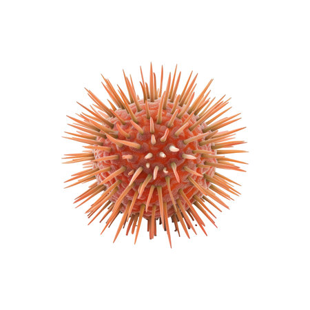 High-resolution, detailed 3D rendering of a virus, showing its complex spiky structure and vibrant orange color. The image is suitable for educational purposes, highlighting the complexity and detail of microscopic organisms.の素材