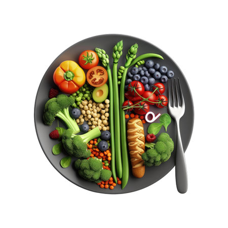 Vibrant and colorful image of a plate filled with various fresh fruits and vegetables, including bell peppers, tomatoes, asparagus, blueberries, broccoli, avocado, beans, lentils, and bread.  The arrangement is visually appealing and suggests a healthy and balanced diet. A fork is positioned on the plate, enhancing the culinary theme.の素材