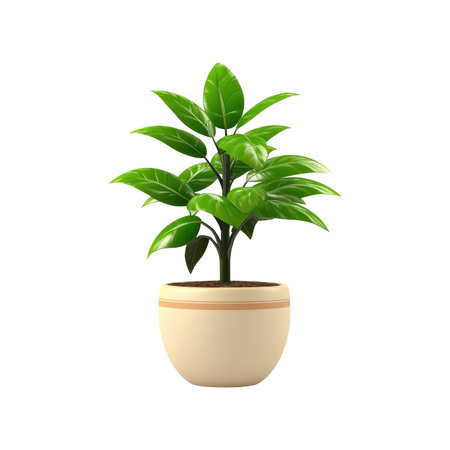 Three-dimensional illustration of a houseplant in a simple, round beige pot.  The plant displays vibrant green foliage and is positioned centrally within the image against a pure black background. The plant pot has a light beige exterior with a horizontal, light orange-brown band around the middle.の素材