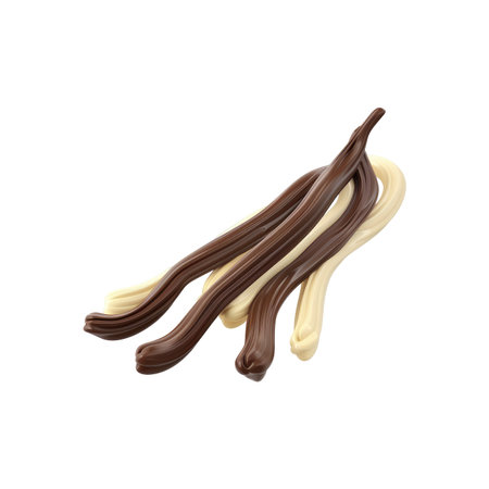 Close-up view of flowing, intertwined chocolate and white chocolate shapes against a plain black backdrop. The glossy, smooth surfaces of the chocolate ribbons are highlighted, creating a visually appealing and appetizing image.の素材